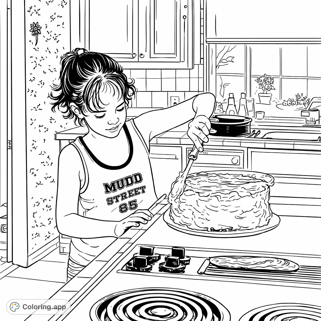 A delightful baking scene featuring a young girl carefully frosting a cake in a kitchen. Perfect for budding chefs and creative minds.