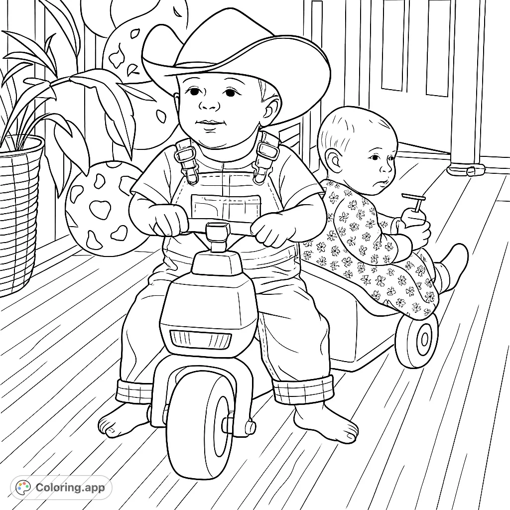 A delightful scene of two children on a ride-on toy, featuring a toddler in a cowboy hat and overalls, with balloons and a playful setting. Perfect for young adventurers.
