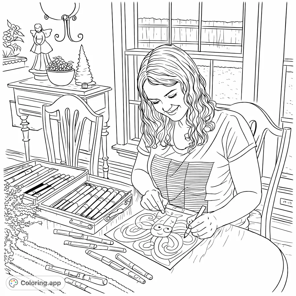 Dive into a delightful scene of a person intently coloring a whimsical banana character, surrounded by art supplies and a serene home setting. Perfect for creative fun!