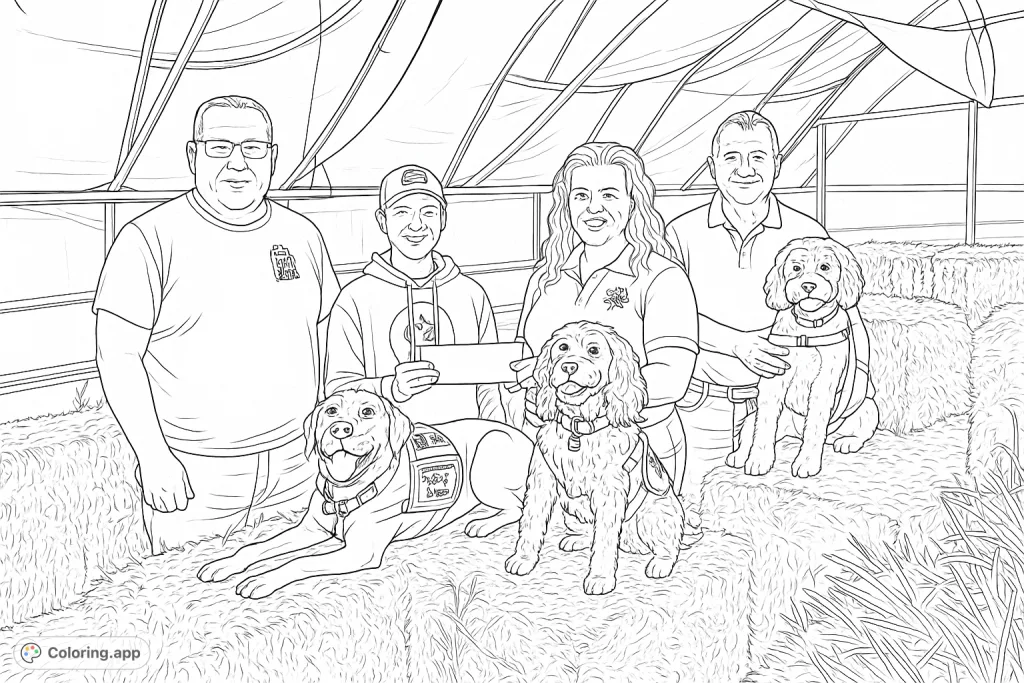 A heartwarming scene featuring four individuals and three service dogs amidst hay bales, celebrating community and companionship. Perfect for all ages.