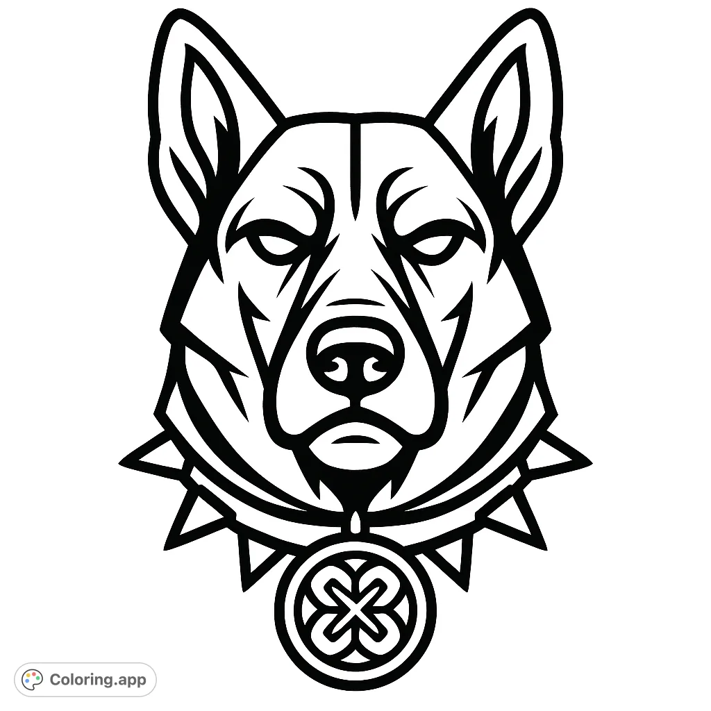 Unleash your creativity with this bold canine head coloring page, featuring a powerful dog with a spiked collar and intricate emblem. Perfect for dog lovers!