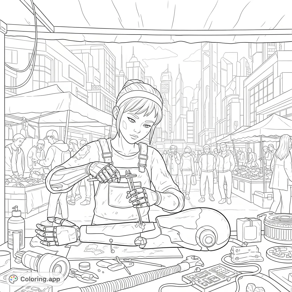 Join Cinder, a cyborg mechanic, at her New Beijing market stall, surrounded by intricate mechanical parts and towering futuristic buildings. A detailed scene for coloring.