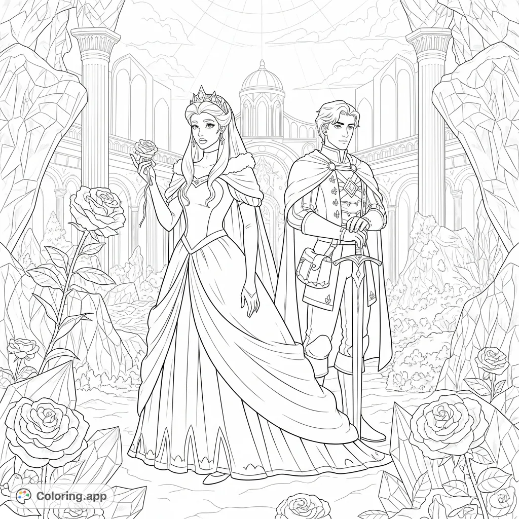Princess Winter and Knight Jacin Clay in a magical, snow-dusted garden of the Lunar palace, surrounded by intricate ice sculptures and ornate architecture.