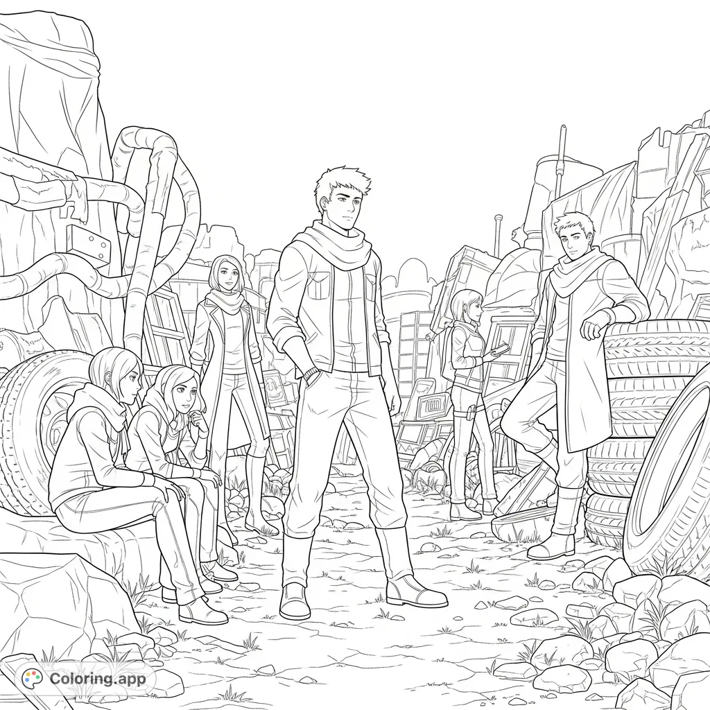 Join Connor, Risa, Lev, and friends in their junkyard hideout from Neal Shusterman's Unwind. A detailed dystopian scene for fans to color.