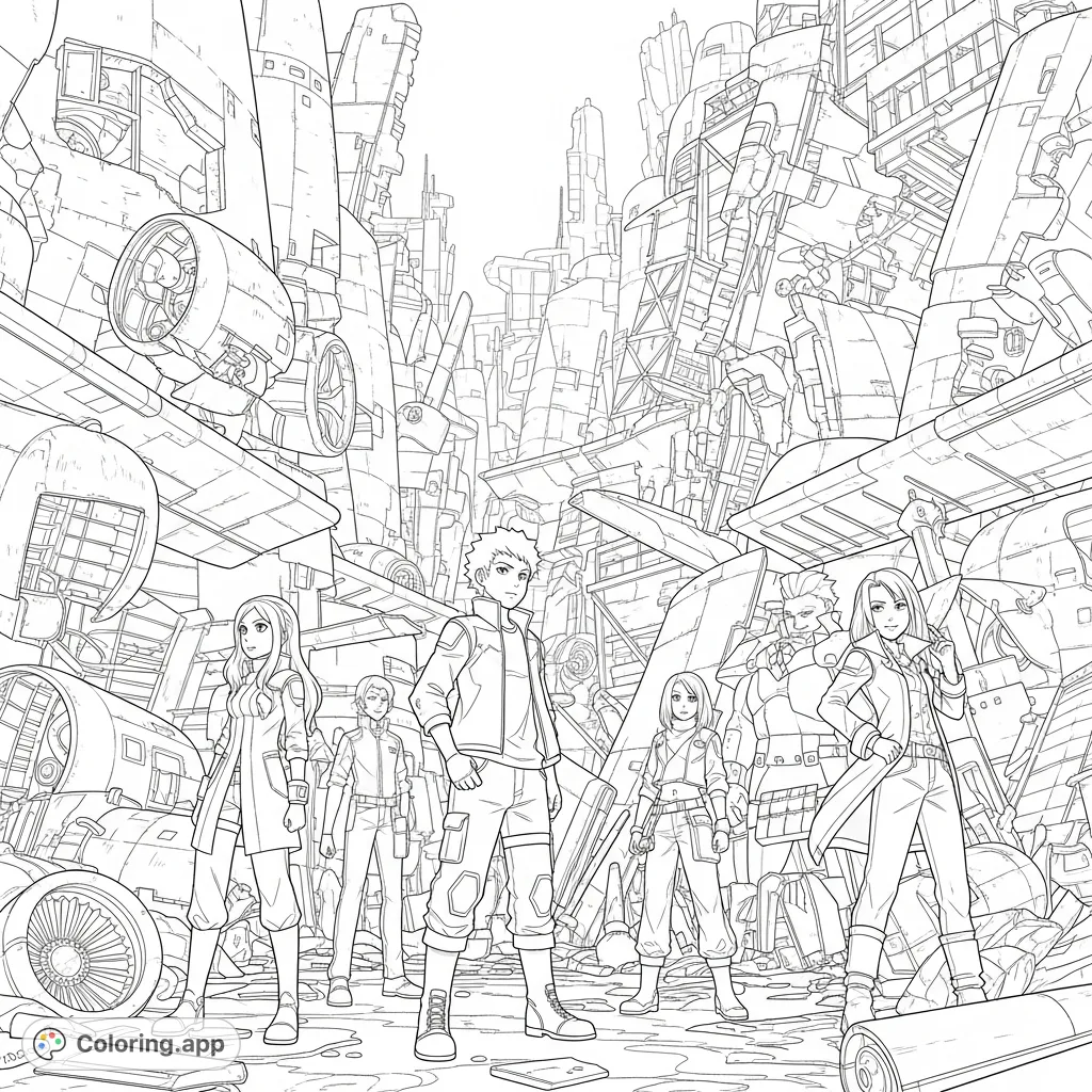 A detailed Unwind coloring page featuring Connor, Risa, Lev, Roland, Mai, and Hayden amidst a vast junkyard, ready for adventure.