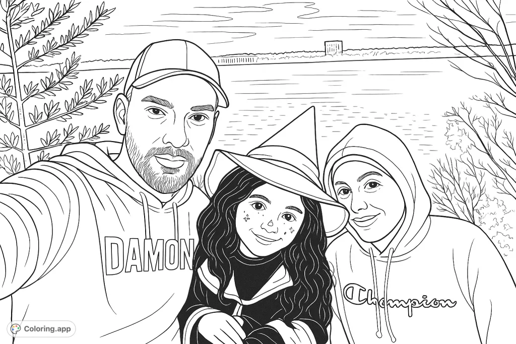 Capture the spirit of Halloween with this charming family portrait coloring page. Features a child in a witch costume alongside family members by a lake.