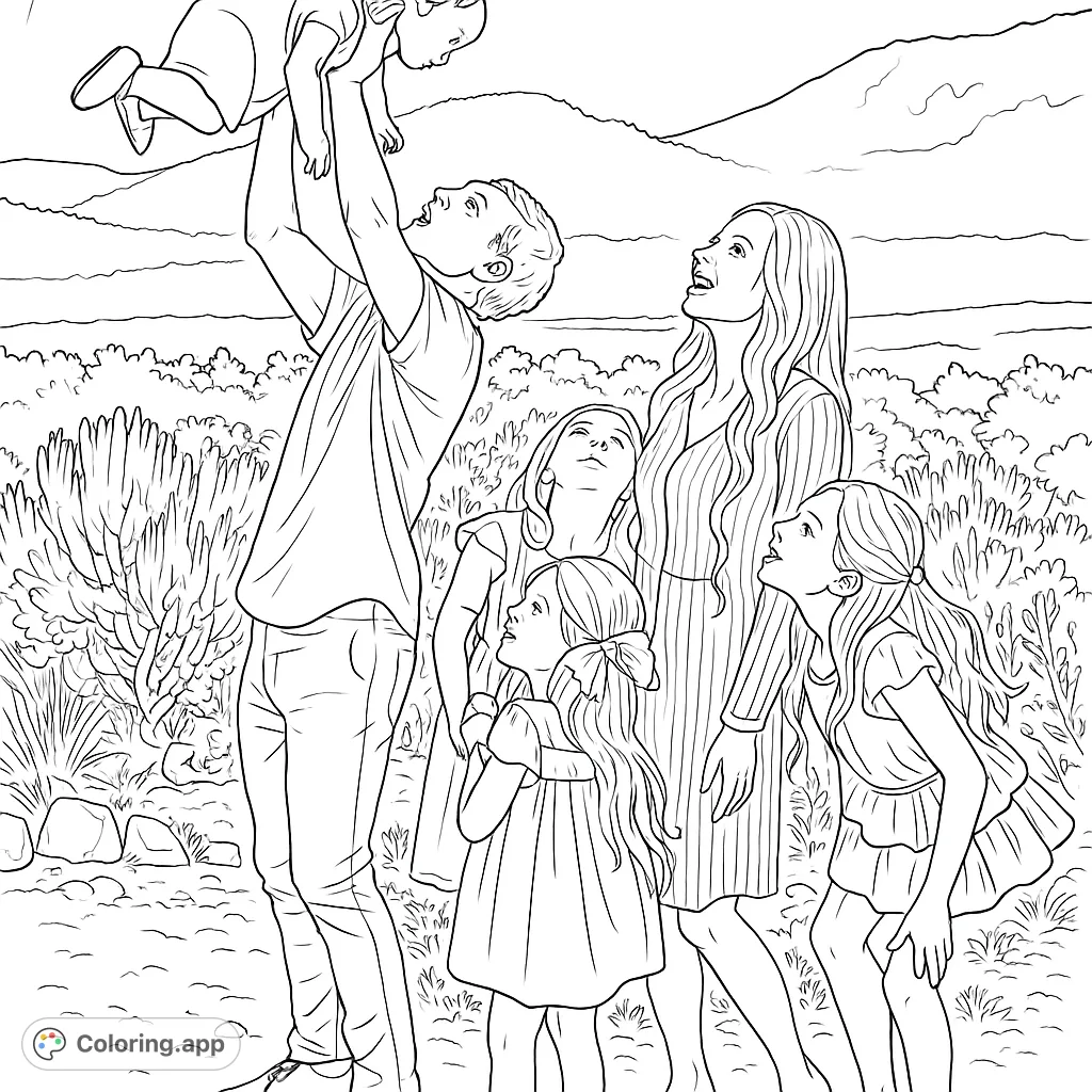 A heartwarming family scene in a mountain landscape, with a father lifting a baby and other children looking on. Perfect for a joyful coloring experience.