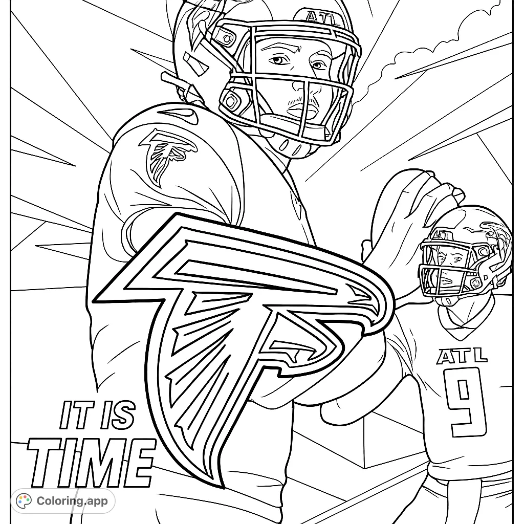 Dynamic football scene featuring two players in helmets and uniforms, with a prominent bird logo. Perfect for sports fans to color and personalize.