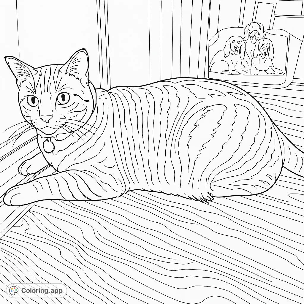 A charming striped cat rests by a window, offering a delightful scene for coloring enthusiasts. Explore intricate fur patterns and a cozy domestic setting.