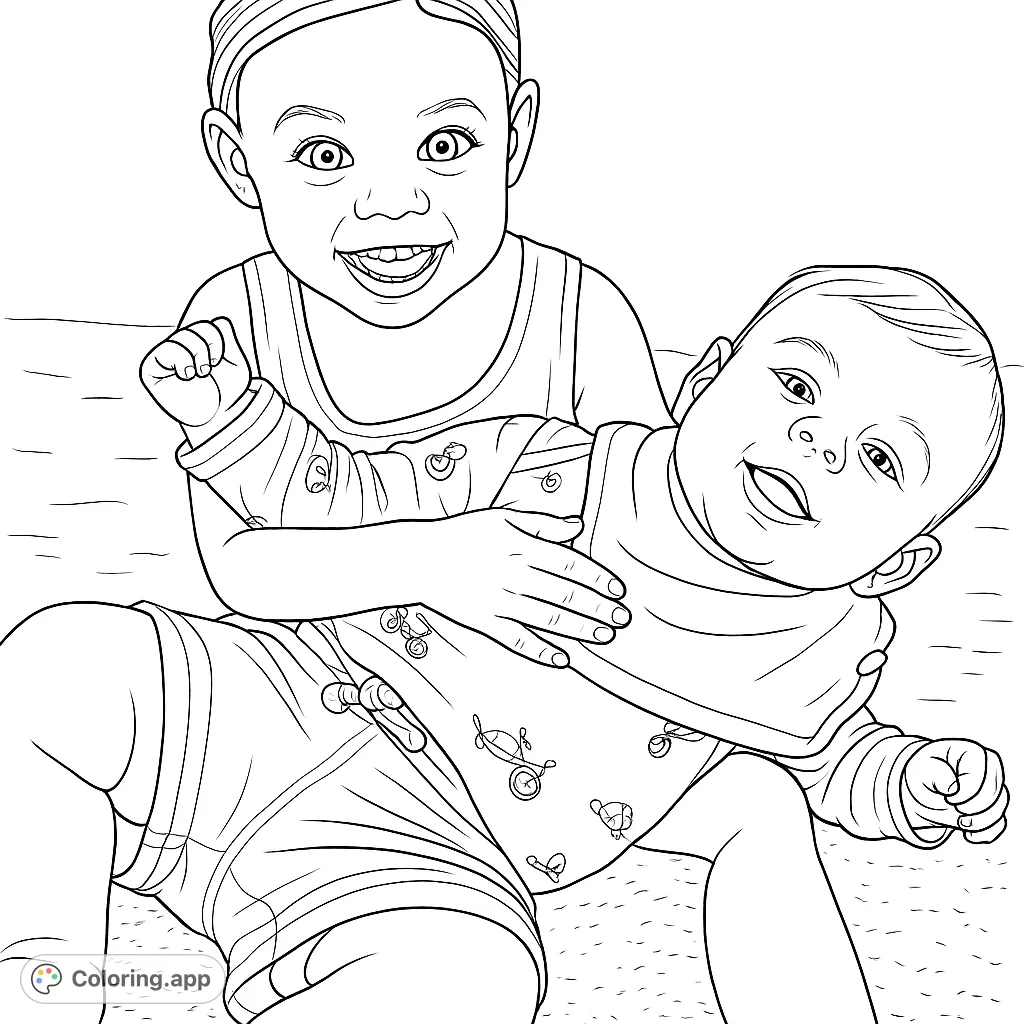 A heartwarming scene of an older child embracing a baby, both smiling joyfully. Perfect for celebrating family bonds and happy moments.