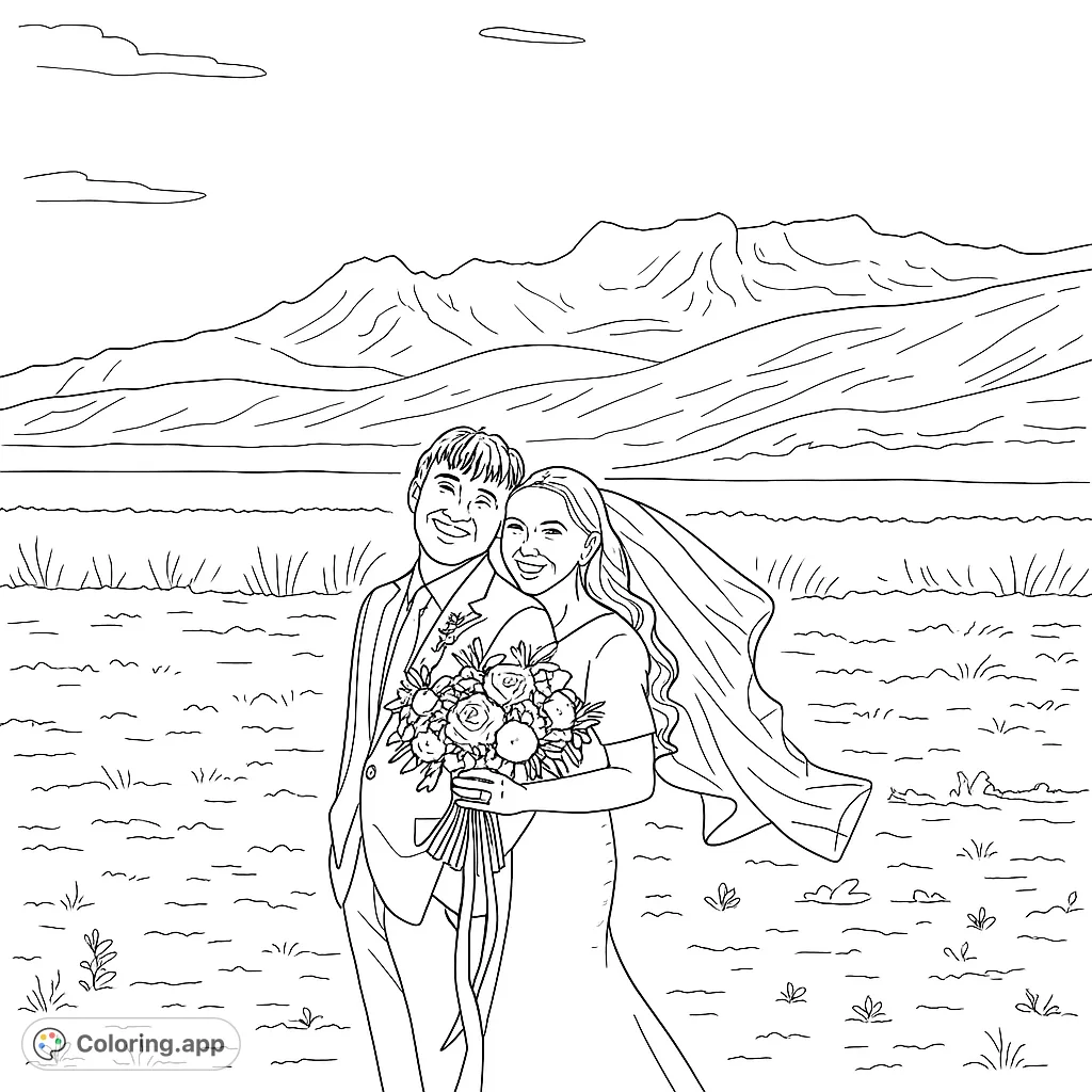 A loving couple on their wedding day, standing in a scenic landscape with mountains and a lake. Perfect for celebrating love and special moments.
