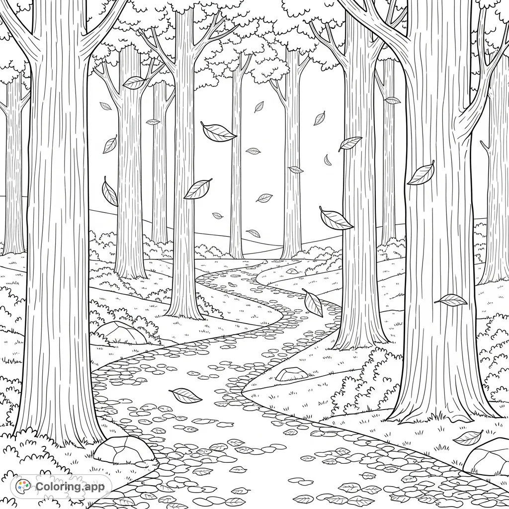 Immerse yourself in a cozy autumn forest coloring page, featuring towering trees, a winding leaf-covered path, and a gentle cascade of falling leaves.