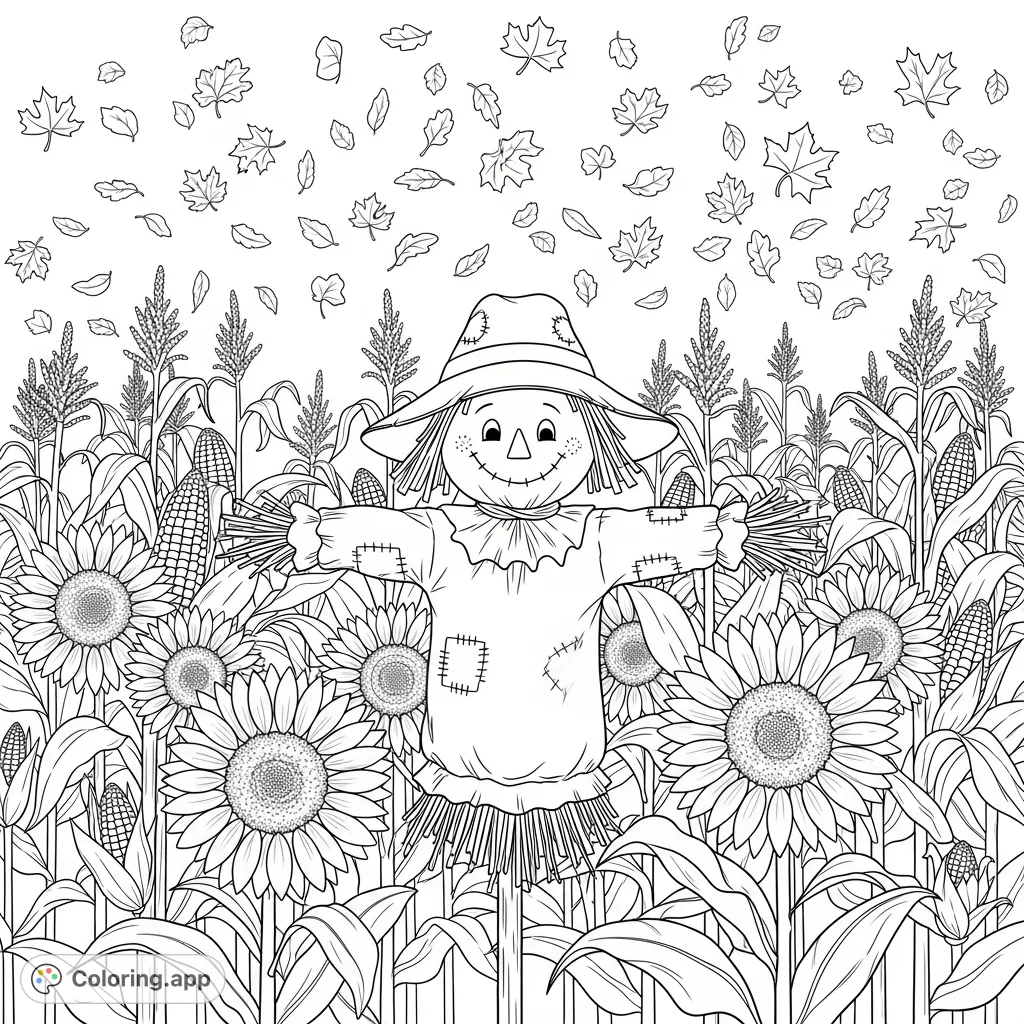 A charming scarecrow with a stitched smile stands amidst tall cornstalks, vibrant sunflowers, and swirling autumn leaves in a detailed cornfield scene.