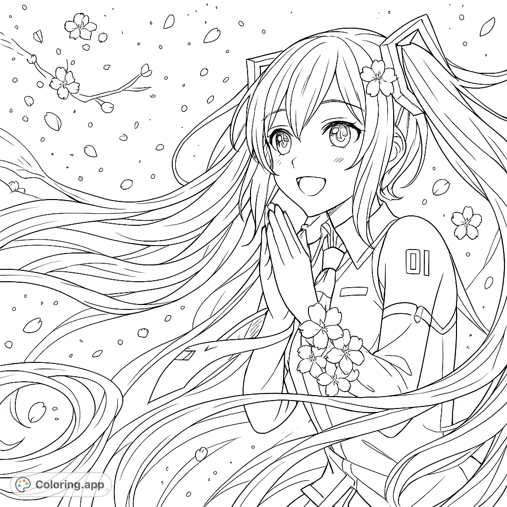 An enchanting anime character with flowing hair and delicate blossoms, surrounded by a shower of petals. A beautiful scene for creative expression.