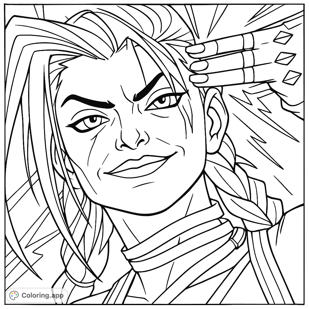 An intense character portrait featuring a dynamic female figure with flowing hair and a confident smirk. Perfect for fans of bold designs and expressive art.