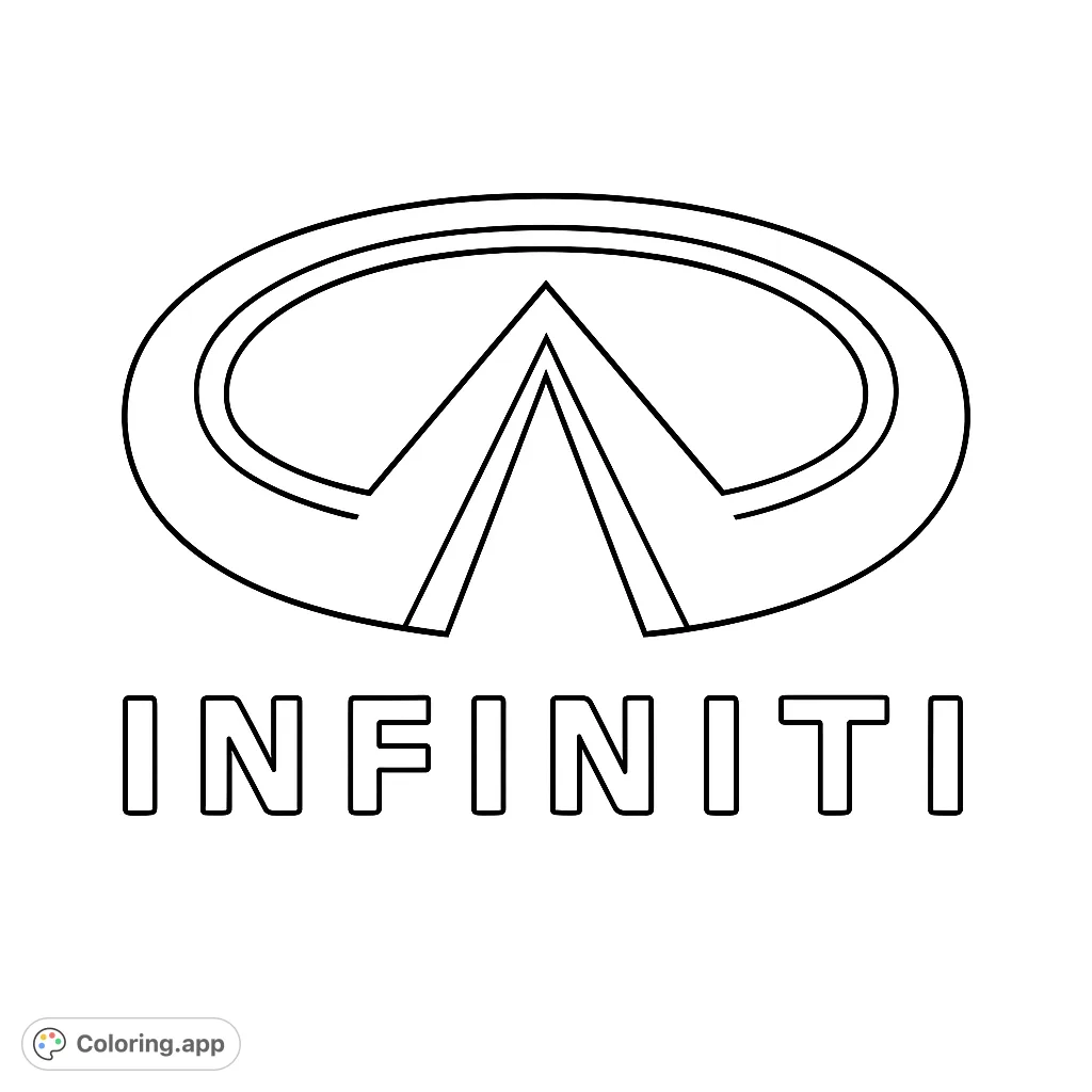 Color the sleek Infiniti automotive emblem, featuring its distinctive oval and stylized V-shape, with the brand name below. Perfect for car enthusiasts.