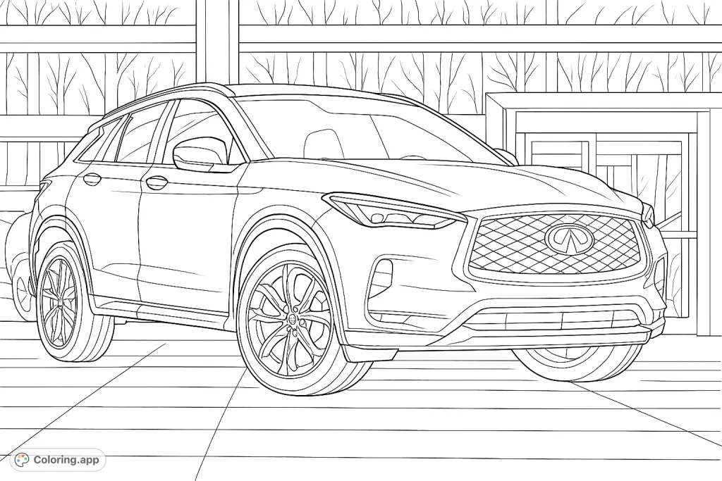 Color a sleek, modern SUV with intricate details, set against a contemporary showroom backdrop. Perfect for automotive enthusiasts.
