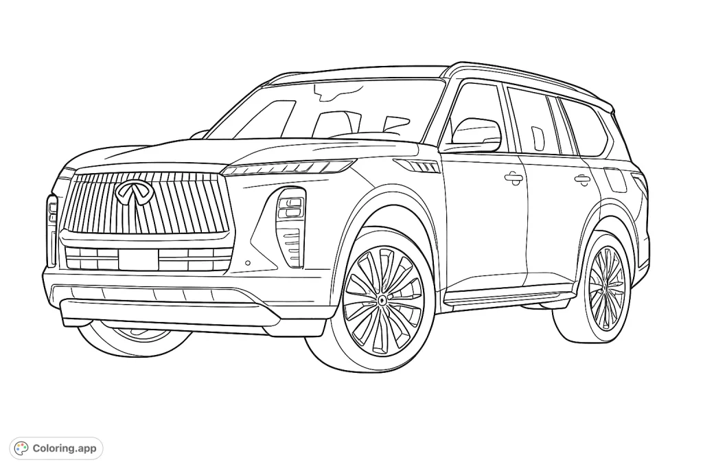 Color a sleek, modern SUV with intricate grille details and stylish wheels. Perfect for car enthusiasts and creative minds.