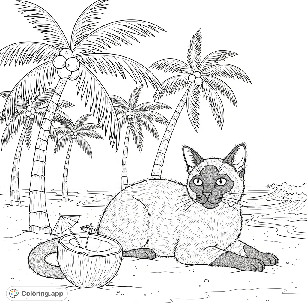 A whimsical Siamese cat with a coconut-like coat relaxes on a tropical beach, complete with palm trees and a cocktail-umbrella-adorned coconut.