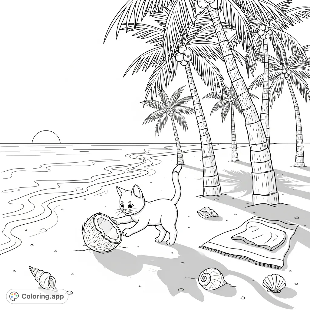 A playful short-haired cat bats at a rolling coconut on a vast beach, surrounded by palm trees, seashells, and ocean ripples. A charming tropical scene.
