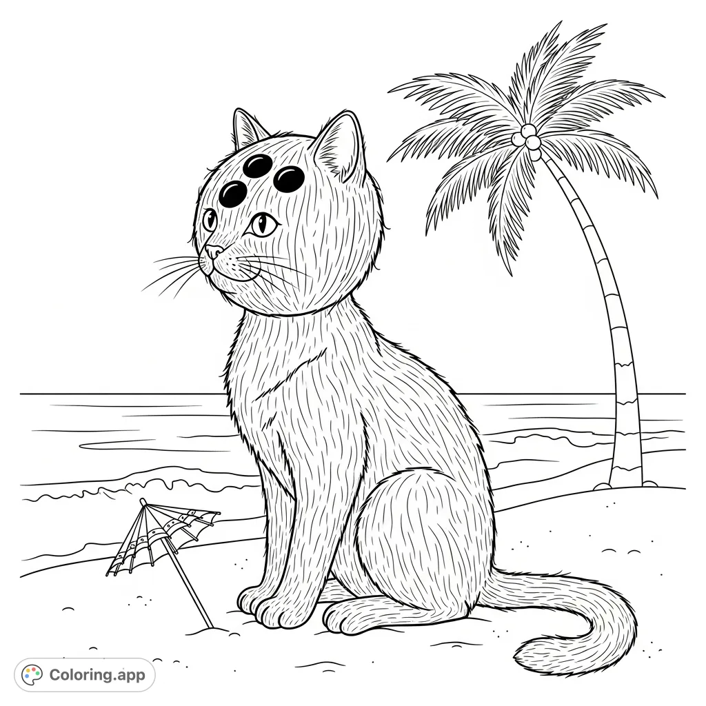 Discover a whimsical coconut cat with shell-like fur, sitting on a sandy beach, gazing at ocean waves under an arching palm tree. A fun tropical escape.