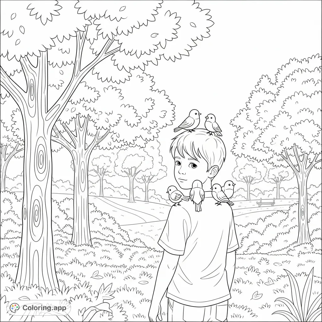 A charming park scene coloring page featuring a young boy with birds perched on him, surrounded by detailed trees and natural elements. Perfect for nature lovers!