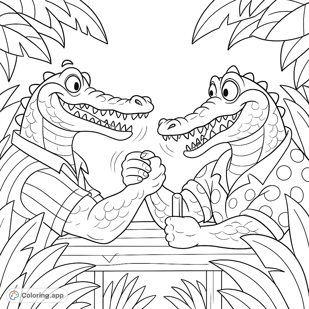 Two cheerful alligators engage in a friendly arm wrestling match, surrounded by lush tropical foliage. A fun and engaging scene for all ages.