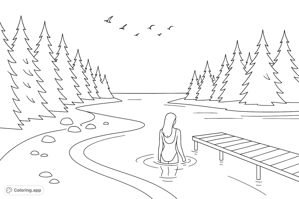 Immerse yourself in a tranquil lakeside forest scene featuring a person in the water, surrounded by tall trees, a sandy shore, and a wooden dock.