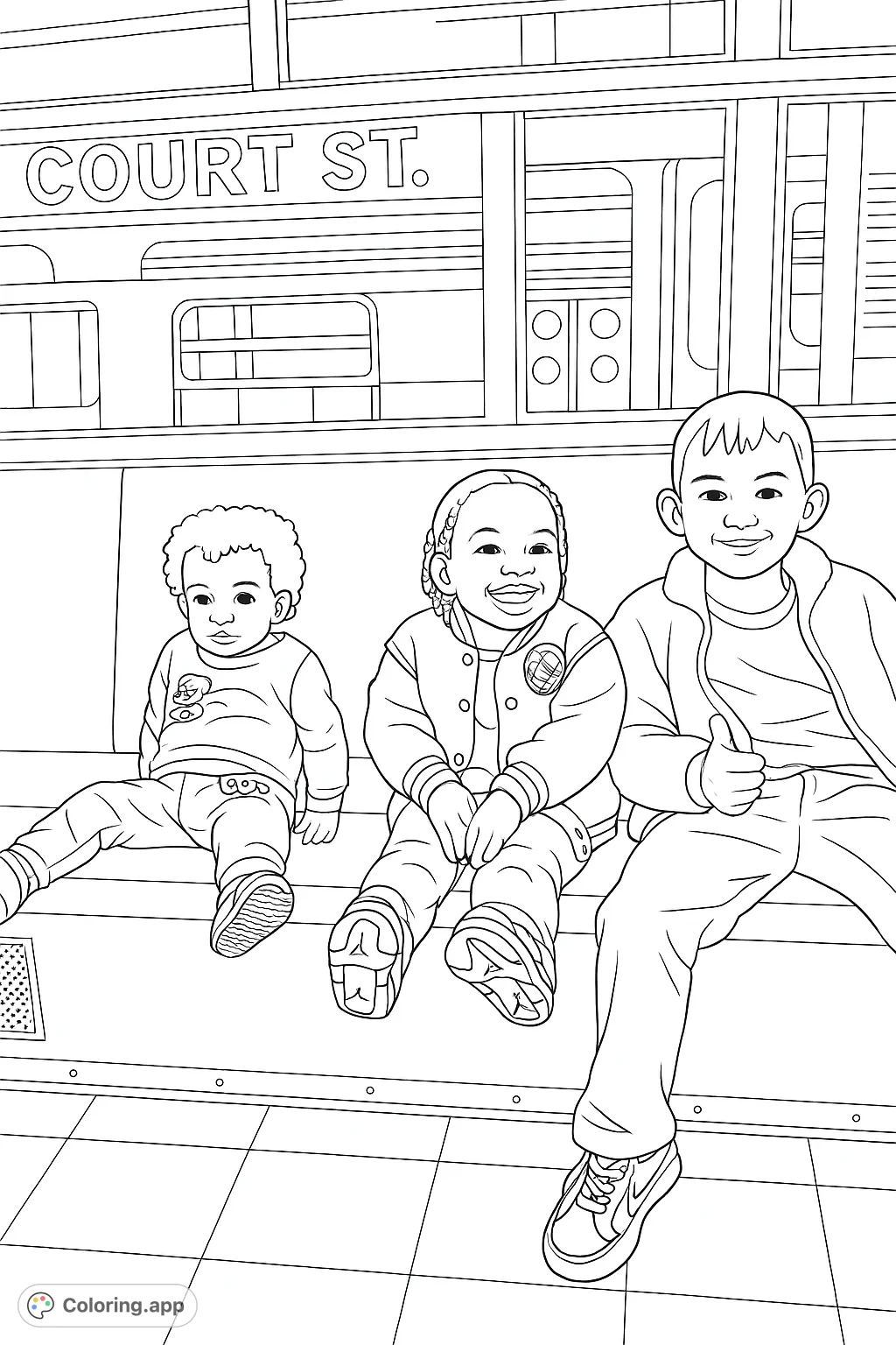 Three cheerful children sit on a subway bench, ready for an adventure. A fun, urban scene perfect for young colorists.