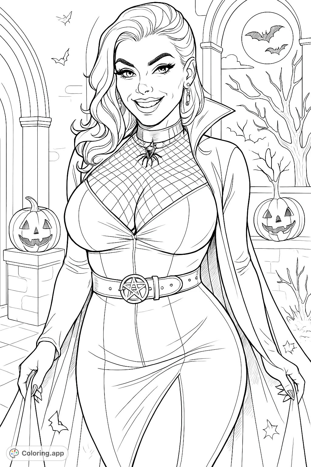 Unleash your creativity with this Halloween enchantress coloring page, featuring a captivating character in a dramatic, detailed costume. Perfect for spooky fun!