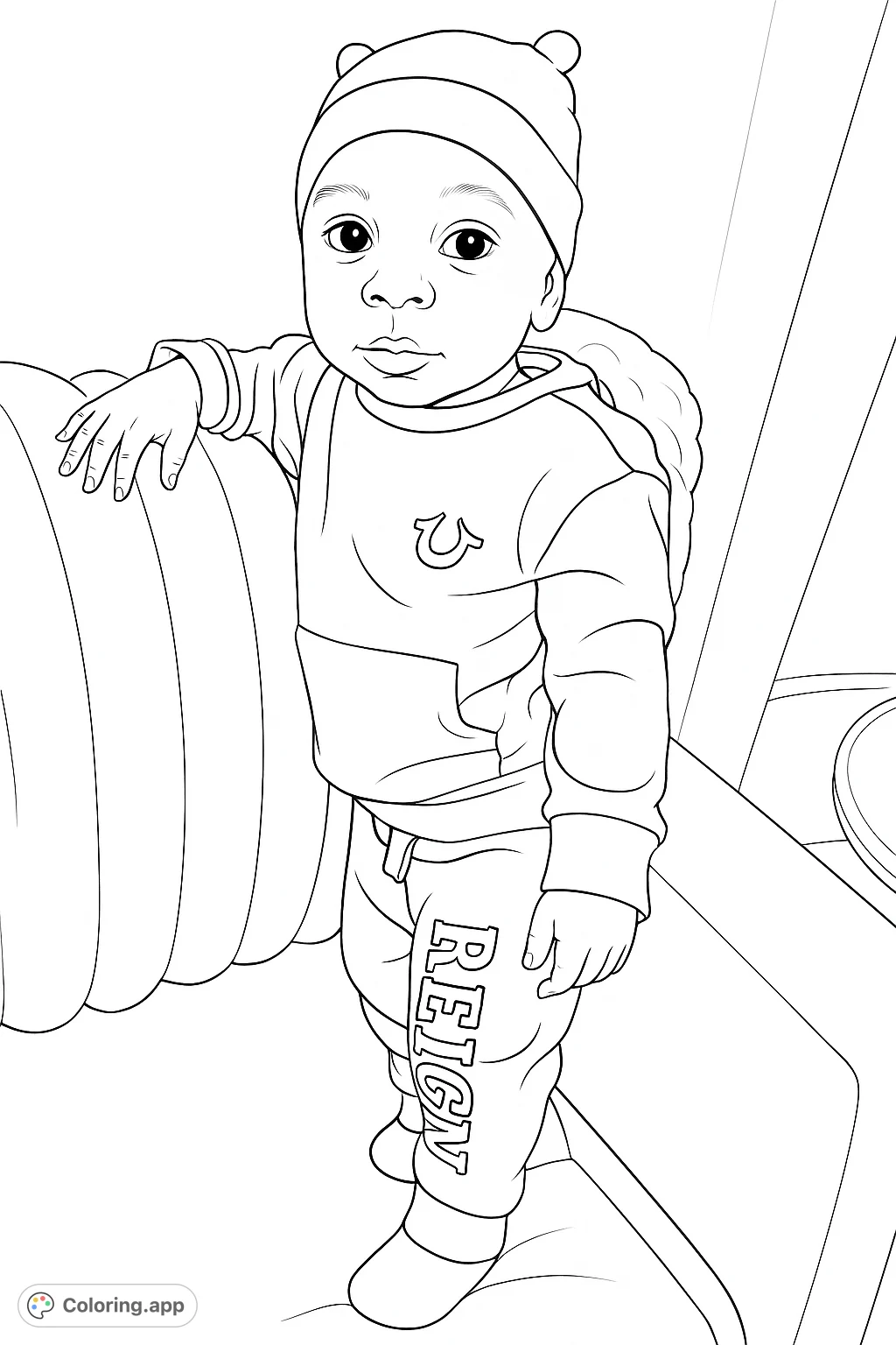 A charming coloring page featuring an adorable child in a beanie with ears, leaning on a textured sofa, perfect for creative expression.
