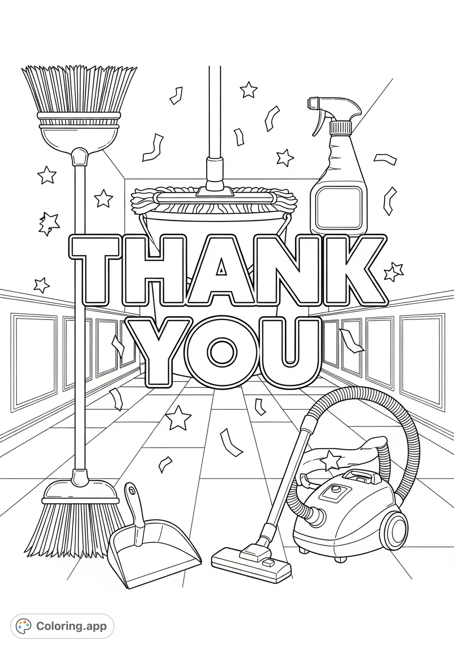 A heartfelt "THANK YOU" message surrounded by essential custodial tools, perfect for celebrating Custodian Appreciation Day with a free printable coloring page.