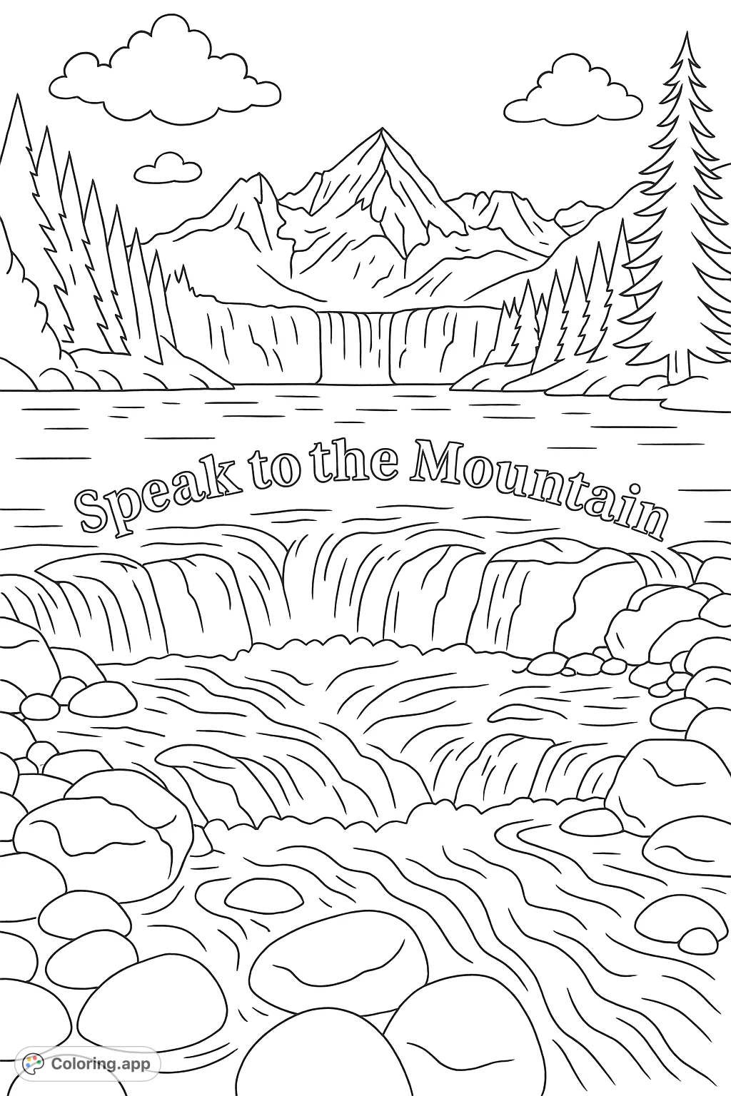 Explore a stunning mountain landscape with cascading waterfalls, a serene lake, and dense forests. A challenging nature scene for detailed coloring.