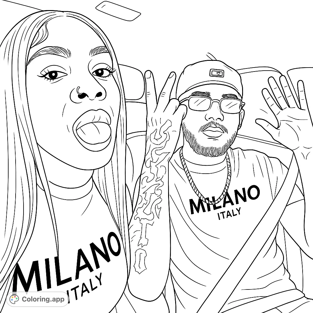 Capture a moment with two expressive individuals in a car, featuring unique poses, stylish accessories, and detailed apparel. Perfect for urban art fans.