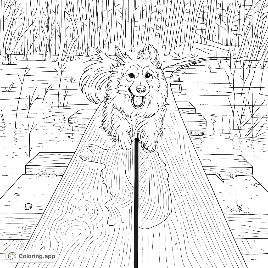 A joyful, fluffy dog explores a winter boardwalk over a partially frozen marsh. Perfect for dog lovers and nature enthusiasts to color.
