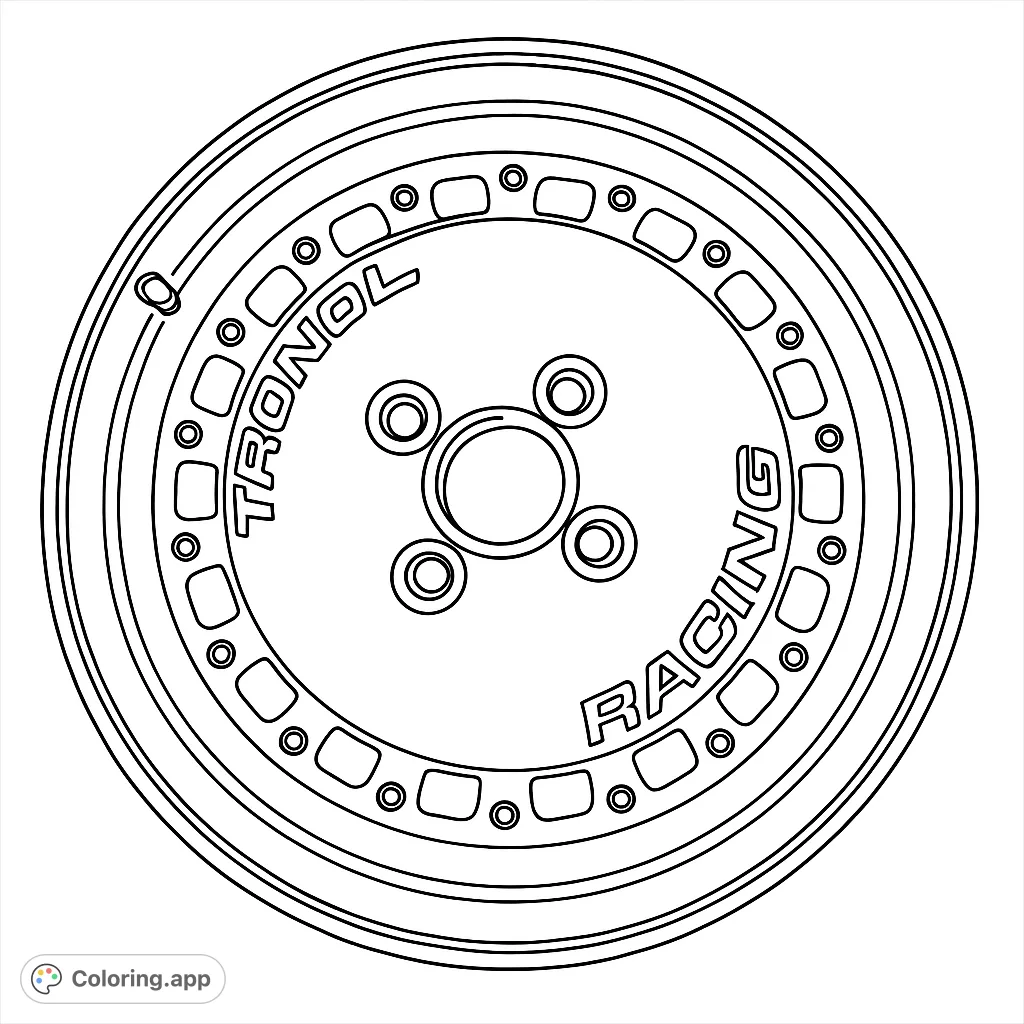 Detailed automotive wheel coloring page featuring a multi-spoke design, intricate bolts, and a checkered background. Perfect for car enthusiasts!
