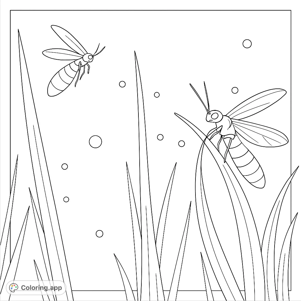 Capture the magic of a summer night with this firefly coloring page. Detailed insects glow among tall grass, perfect for a serene coloring experience.