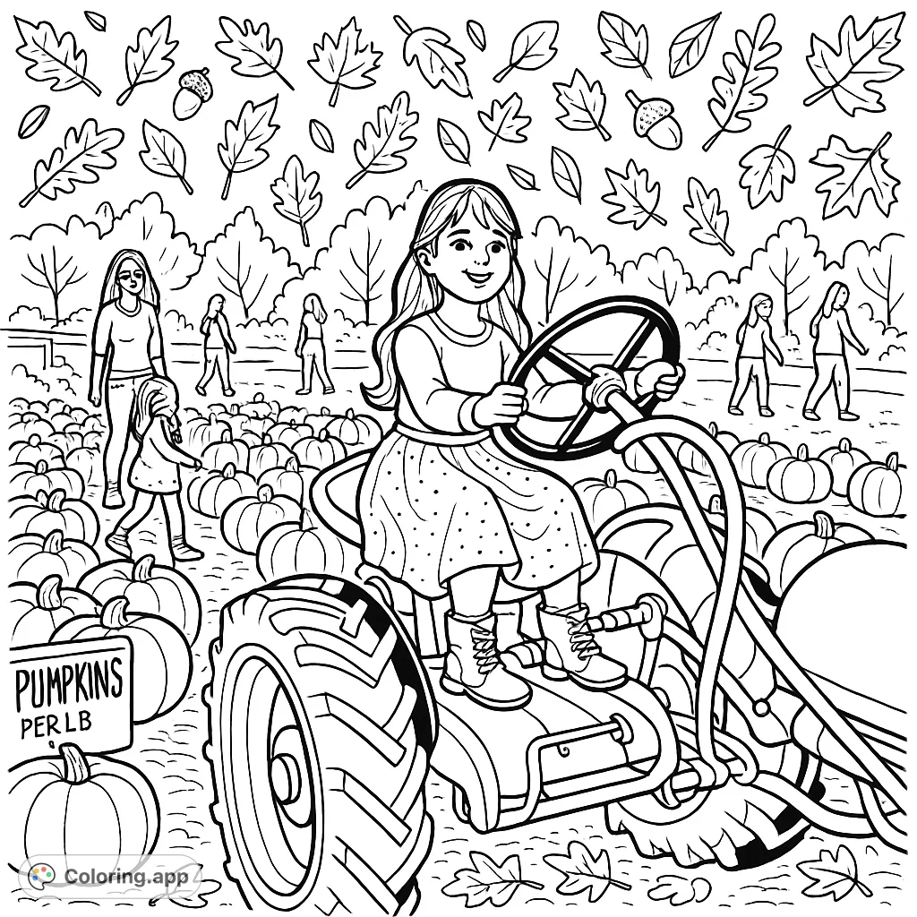 A cheerful girl sits on a vintage tractor amidst a bountiful pumpkin patch, ready for an autumn adventure. Perfect for fall-themed coloring fun!