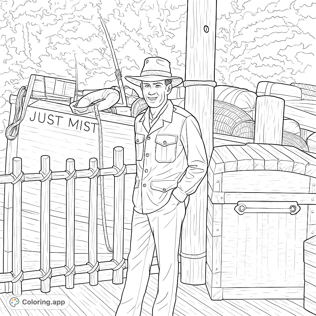 Embark on an adventure with this explorer by a rustic riverboat and treasure chest. A detailed scene perfect for imaginative coloring.