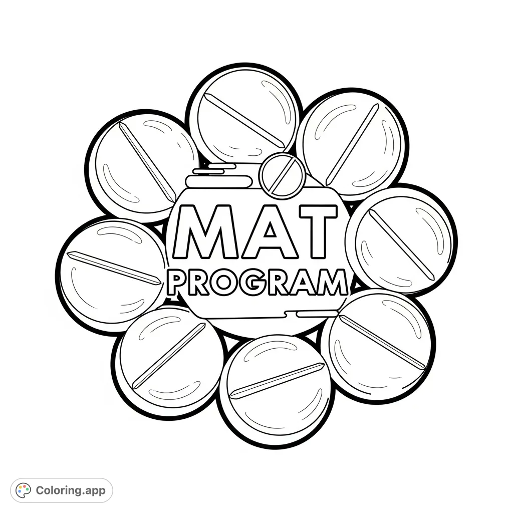 A symbolic MAT Program design featuring multiple round pills, representing medication-assisted treatment. A meaningful coloring page for adults.
