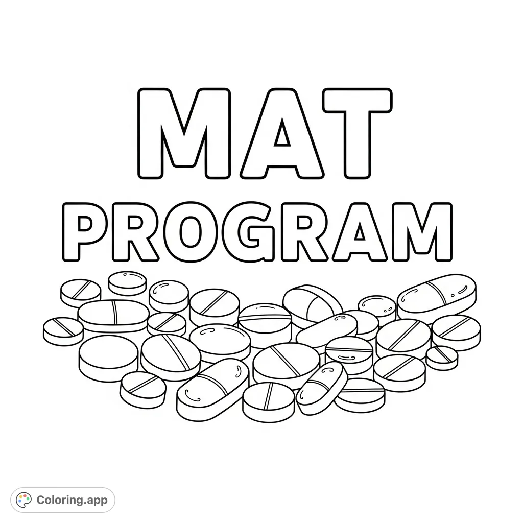 A clear "MAT program" text above an arrangement of various round and oval pills, each with distinct details. A focused design for health awareness.