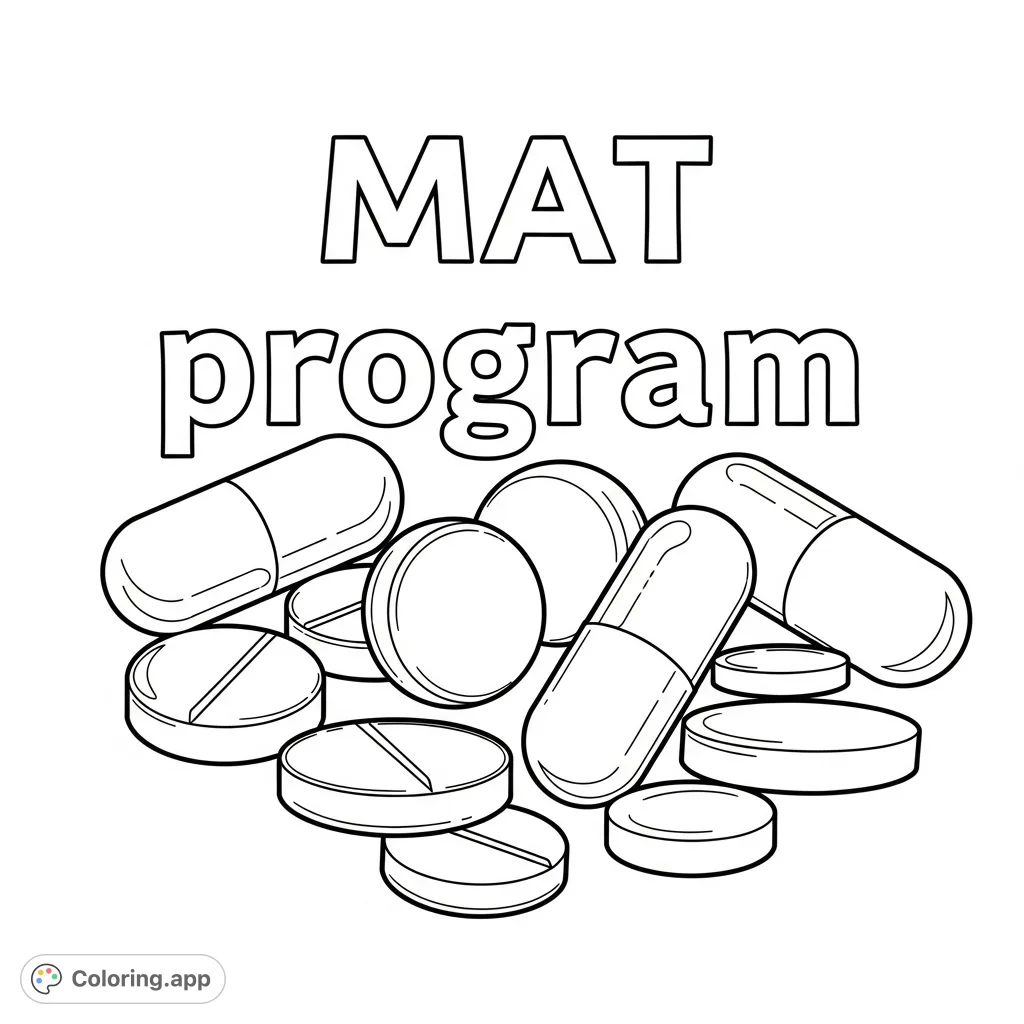 A coloring page featuring the text "MAT program" alongside various pill and capsule shapes, offering a thoughtful and focused coloring experience.