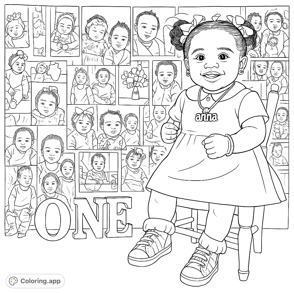 A delightful coloring page featuring a happy baby celebrating a first birthday, surrounded by a collage of baby photos and a "ONE" sign.