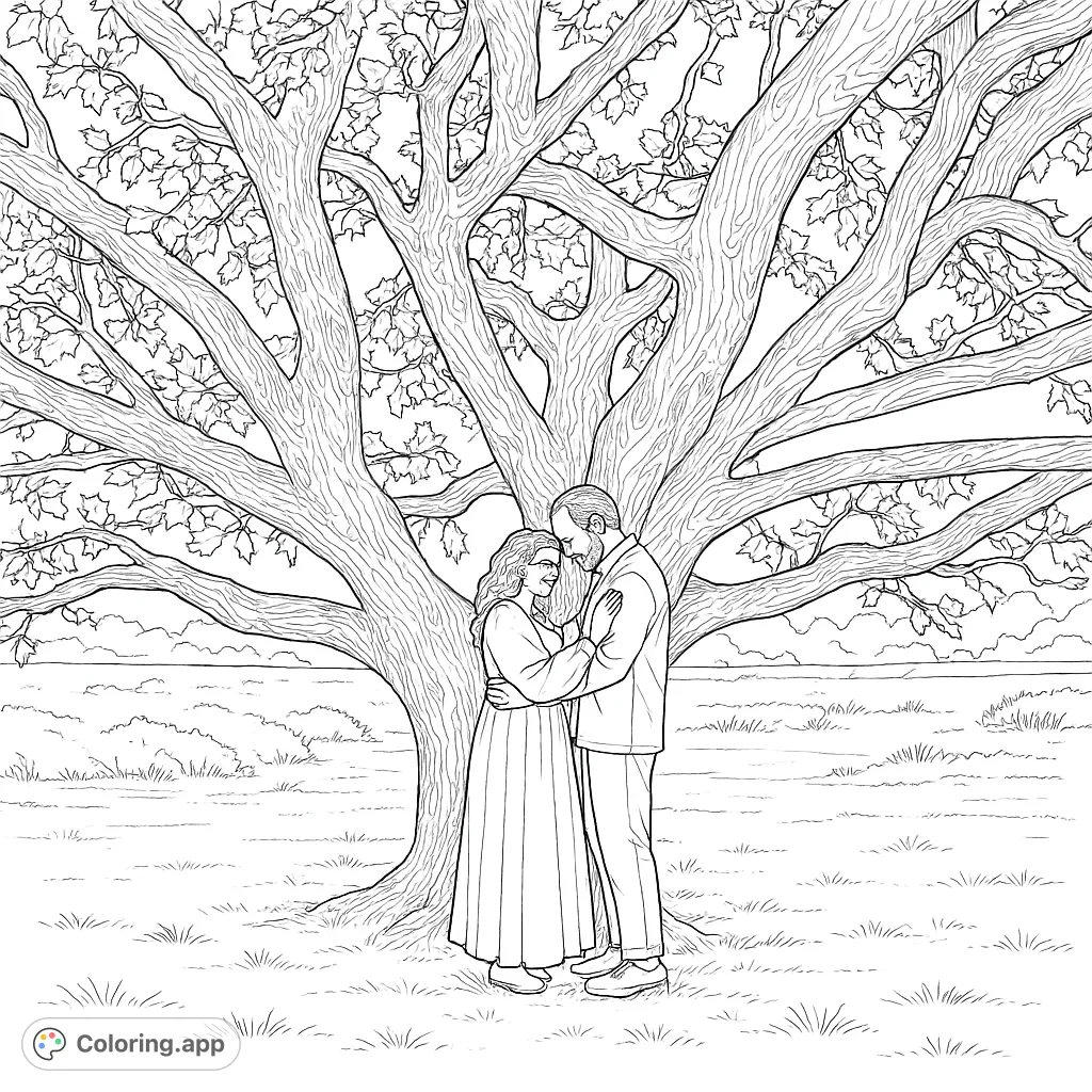 A romantic scene featuring a couple embracing under a majestic, ancient tree. Perfect for a serene and heartfelt coloring experience.