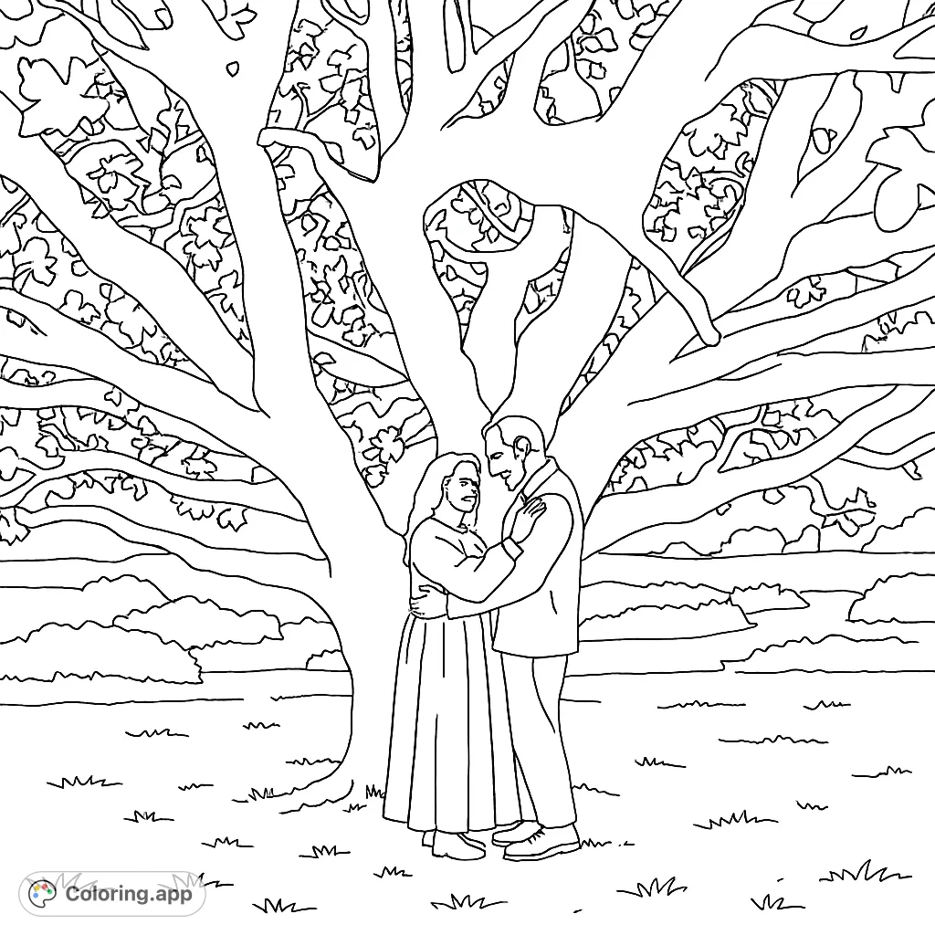 A romantic couple embraces beneath a majestic, ancient tree, surrounded by nature's serene beauty. A perfect love story coloring page for adults.