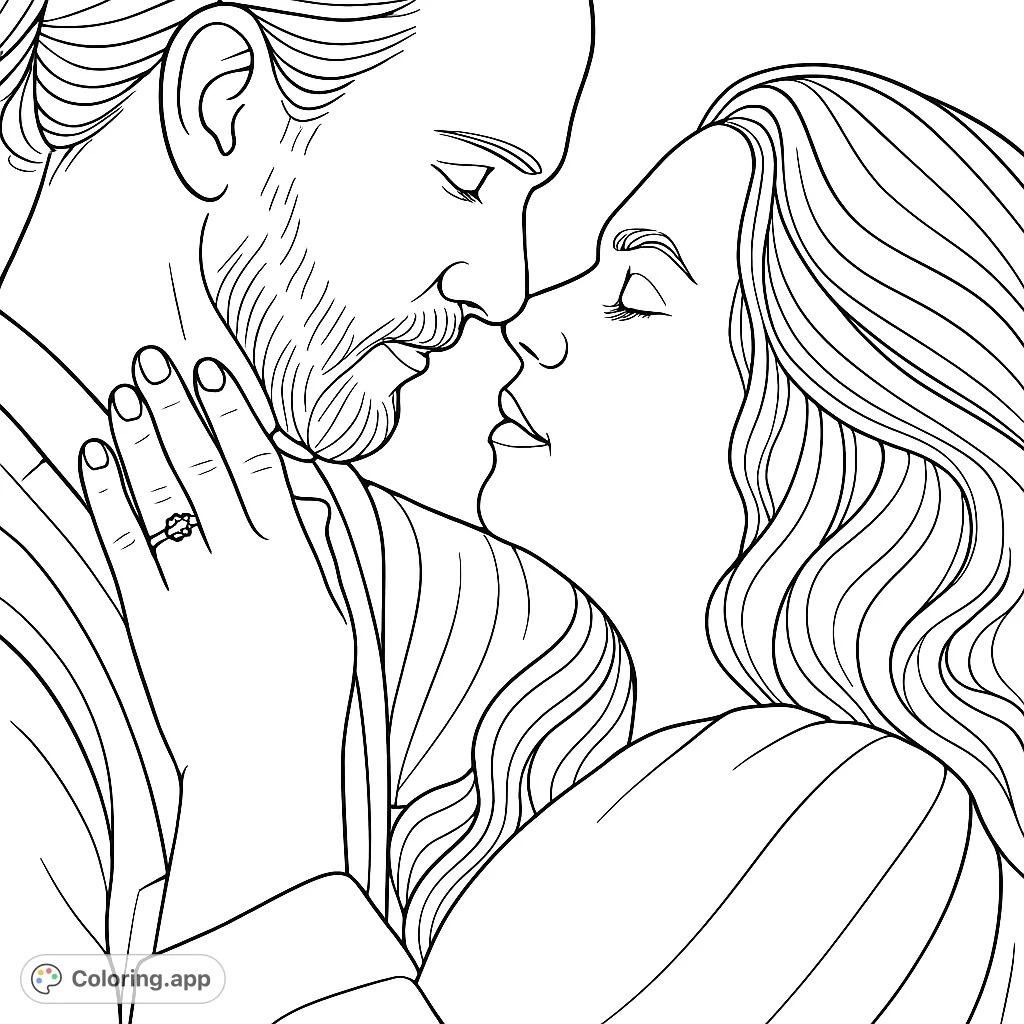 A tender portrait of a couple in a close embrace, featuring an engagement ring. Perfect for celebrating love and connection.