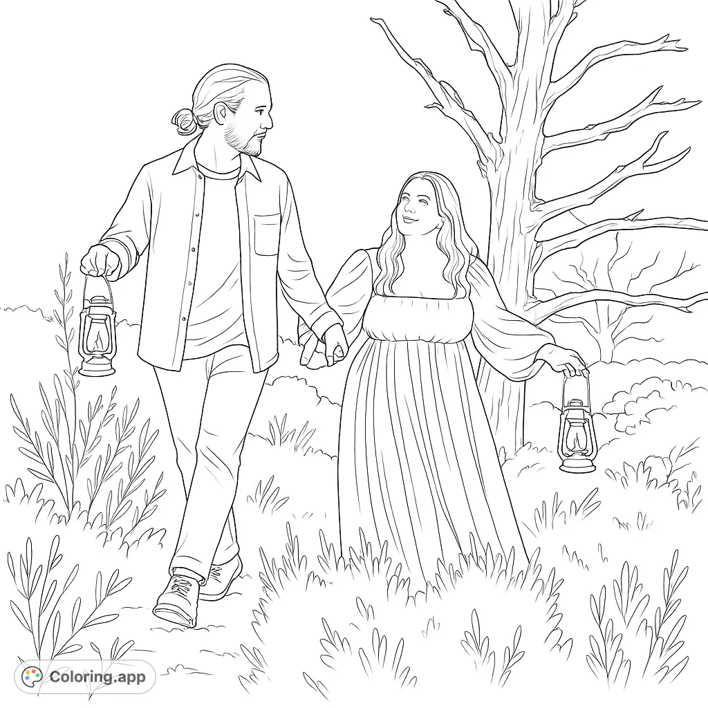 A romantic couple walks hand-in-hand through a misty landscape, guided by lanterns. A gnarled tree and dense vegetation create an atmospheric scene for coloring.