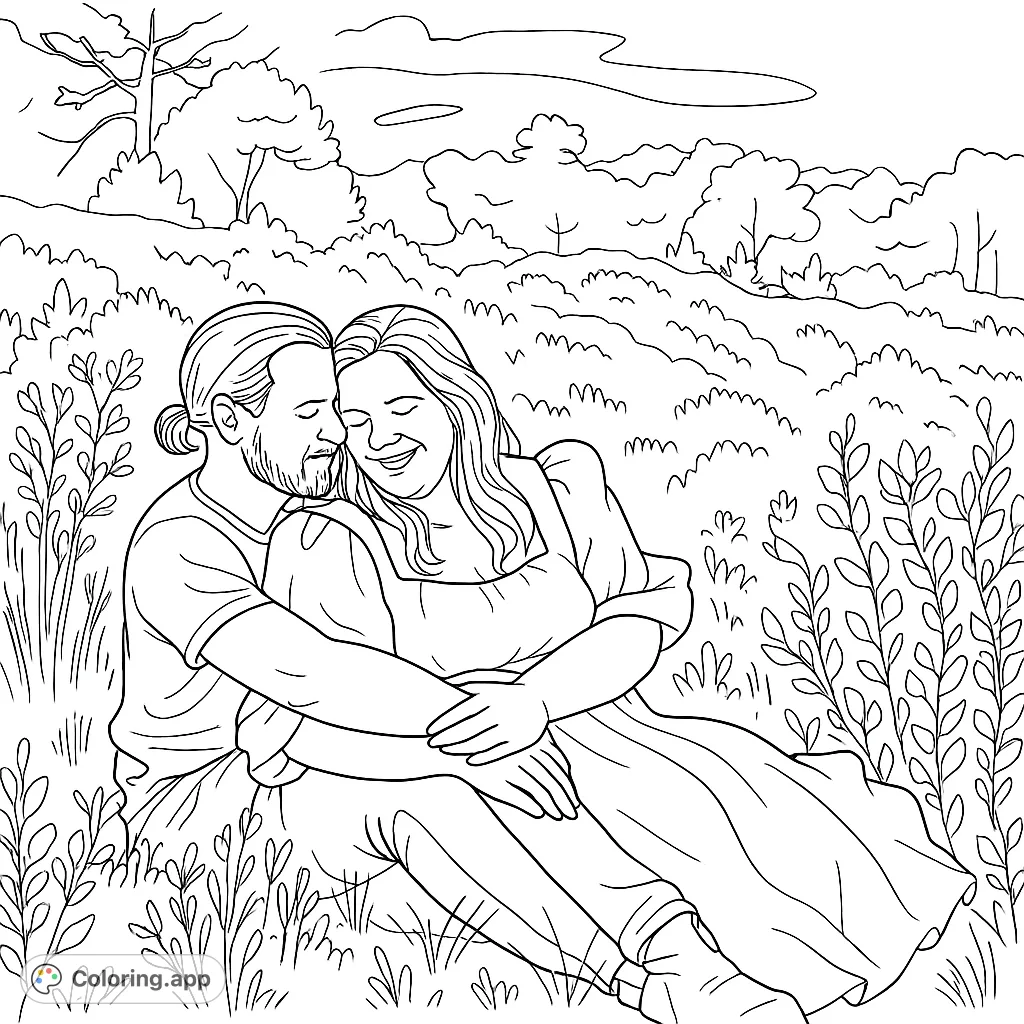 Capture a tender moment with this romantic field embrace coloring page. A couple shares a loving hug amidst a beautiful natural landscape, perfect for expressing affection.