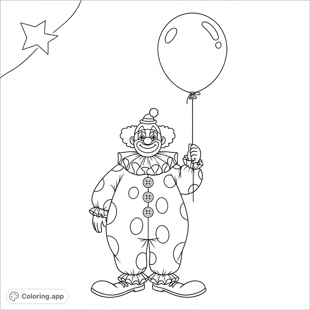 A delightful and simple clown holding a large balloon, perfect for young children to color. Features a friendly face and oversized details.