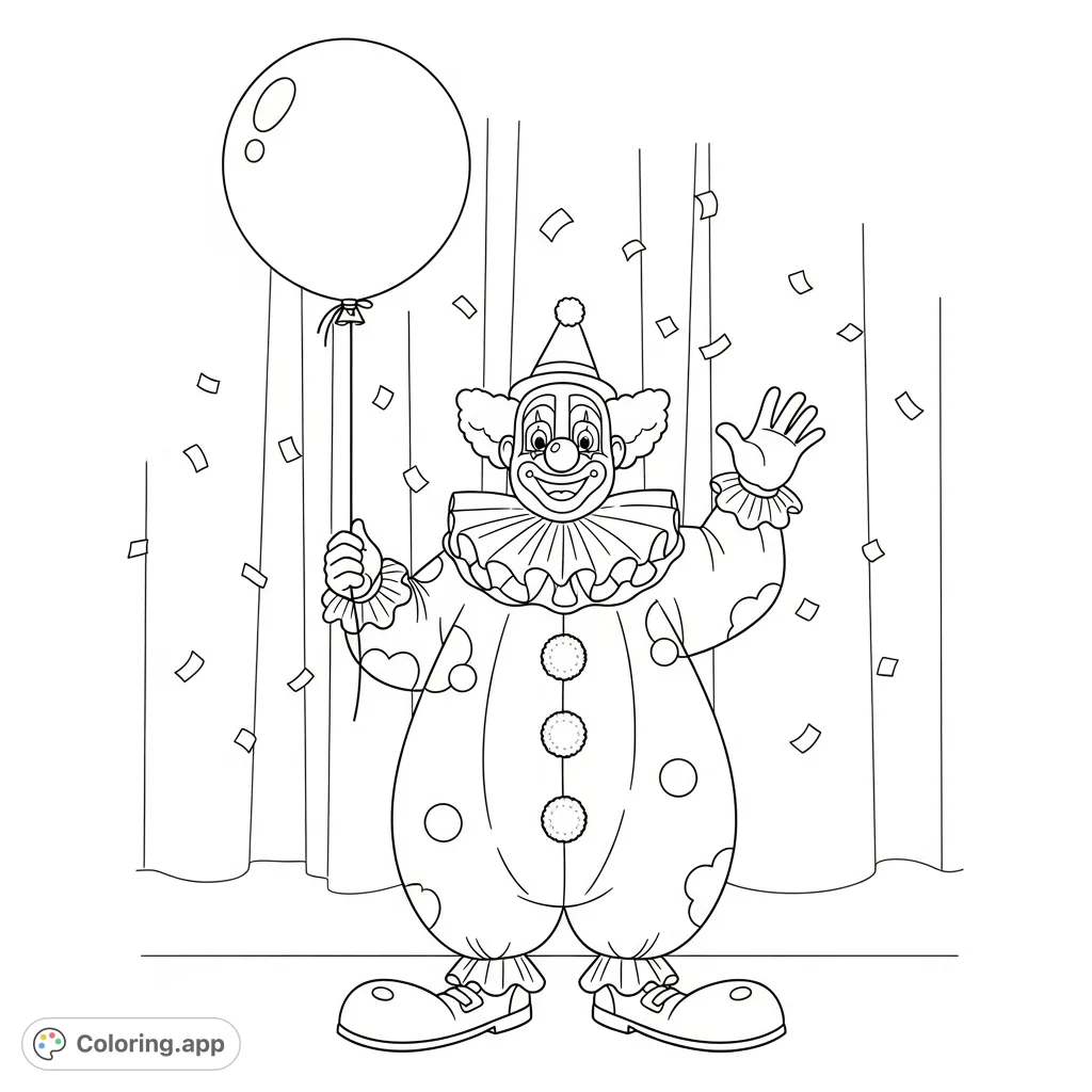 A cheerful clown with a wide smile and a whimsical outfit holds a large, round balloon, ready to bring joy to any coloring enthusiast.